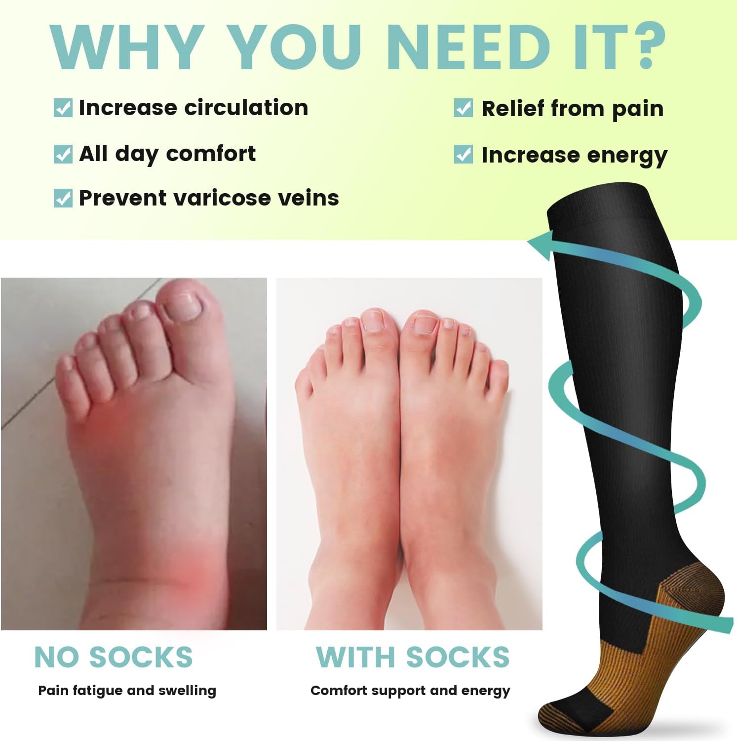 6 Pairs Solid Color Copper Com – обзор и цена Compression Sock Medical